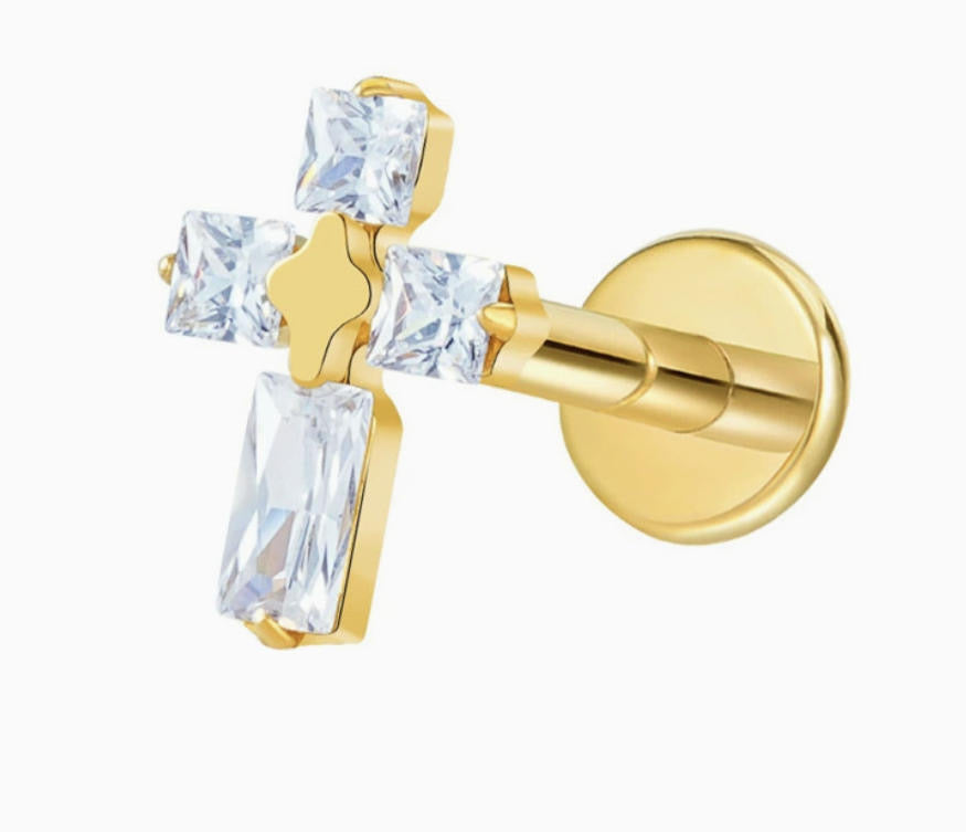 ASTM F136 Titanium Threaded Labret – Kreuz Design | 8mm | 1,2mm | Gold & Silber