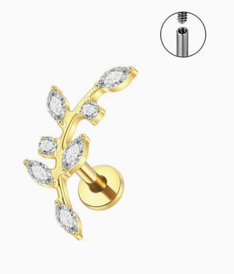 ASTM F136 Titanium Threaded Labret – Blätter Zweig | 8mm | 1,2mm | Gold & Silber