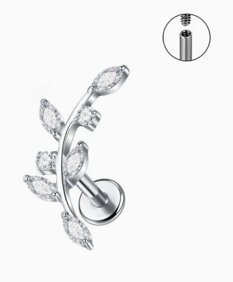 ASTM F136 Titanium Threaded Labret – Blätter Zweig | 8mm | 1,2mm | Gold & Silber