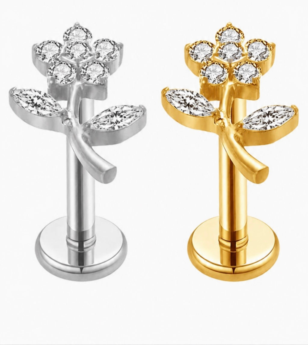 ASTM F136 Titanium Threaded Labret – Blumen Design | 8mm | 1,2mm | Gold & Silber